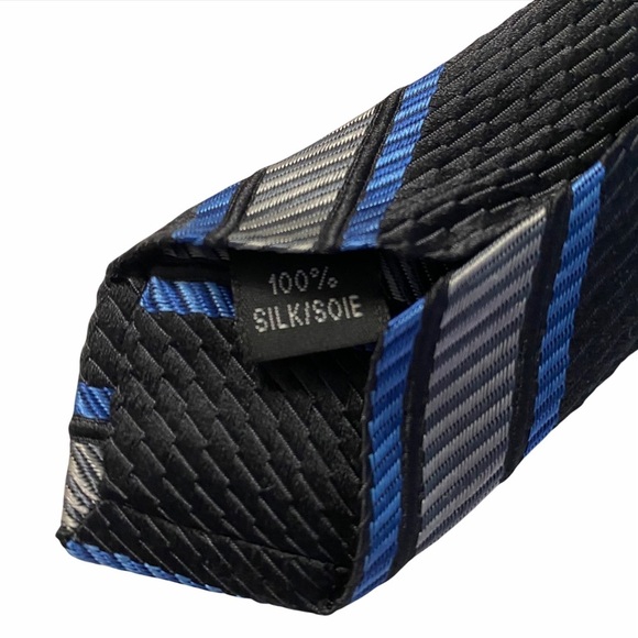 Alfred Sung Woven Silk Thick Long Neck Tie Black Gray Blue Stripes Necktie OS - Picture 4 of 13